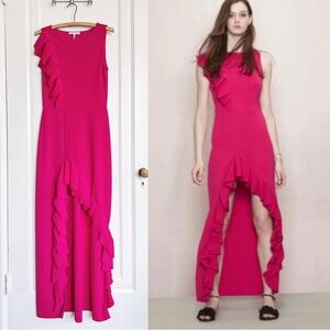 Maje • Romana Stretch-Crepe Maxi Dress gown fuchsia pink ruffle asymmetrical